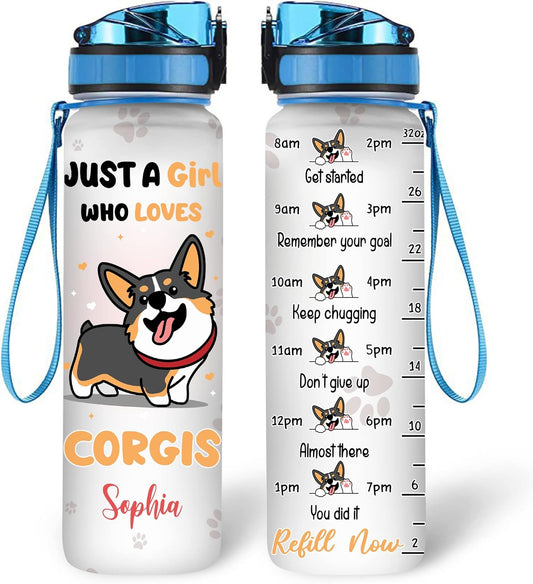 Cute Corgi Lovers Water Bottle Tracker 32oz – Personalized Dog Bottle with Time Marker – Fun Gift for Corgi Owners & Girls