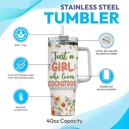 Cockatoo Tumbler 40oz with Handle & Straw – Personalized Stainless Steel Insulated Travel Cup with Lid – Fun Gift for Parrot Lovers