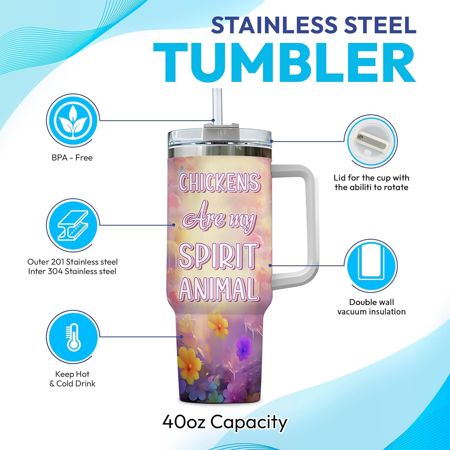 Colorful Chicken Tumbler 40oz with Handle & Straw – Personalized Stainless Steel Cup with Lid – Cute Farm Animal Gift for Women & Girls