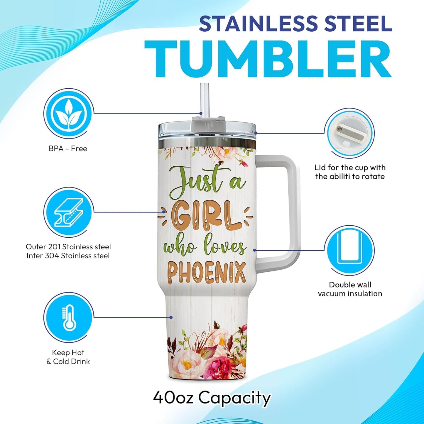 Phoenix Tumbler 40oz – Personalized Stainless Steel Insulated Cup with Handle & Straw – Mythical Bird Travel Mug Gift for Women