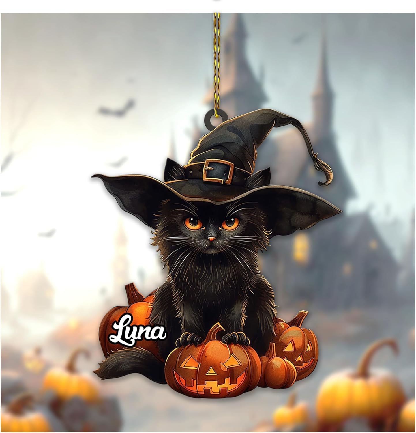 Black Cat with Pumpkins Cut Acrylic Ornament – Personalized Halloween Gift for Cat Lover or Witchy Décor Enthusiast
