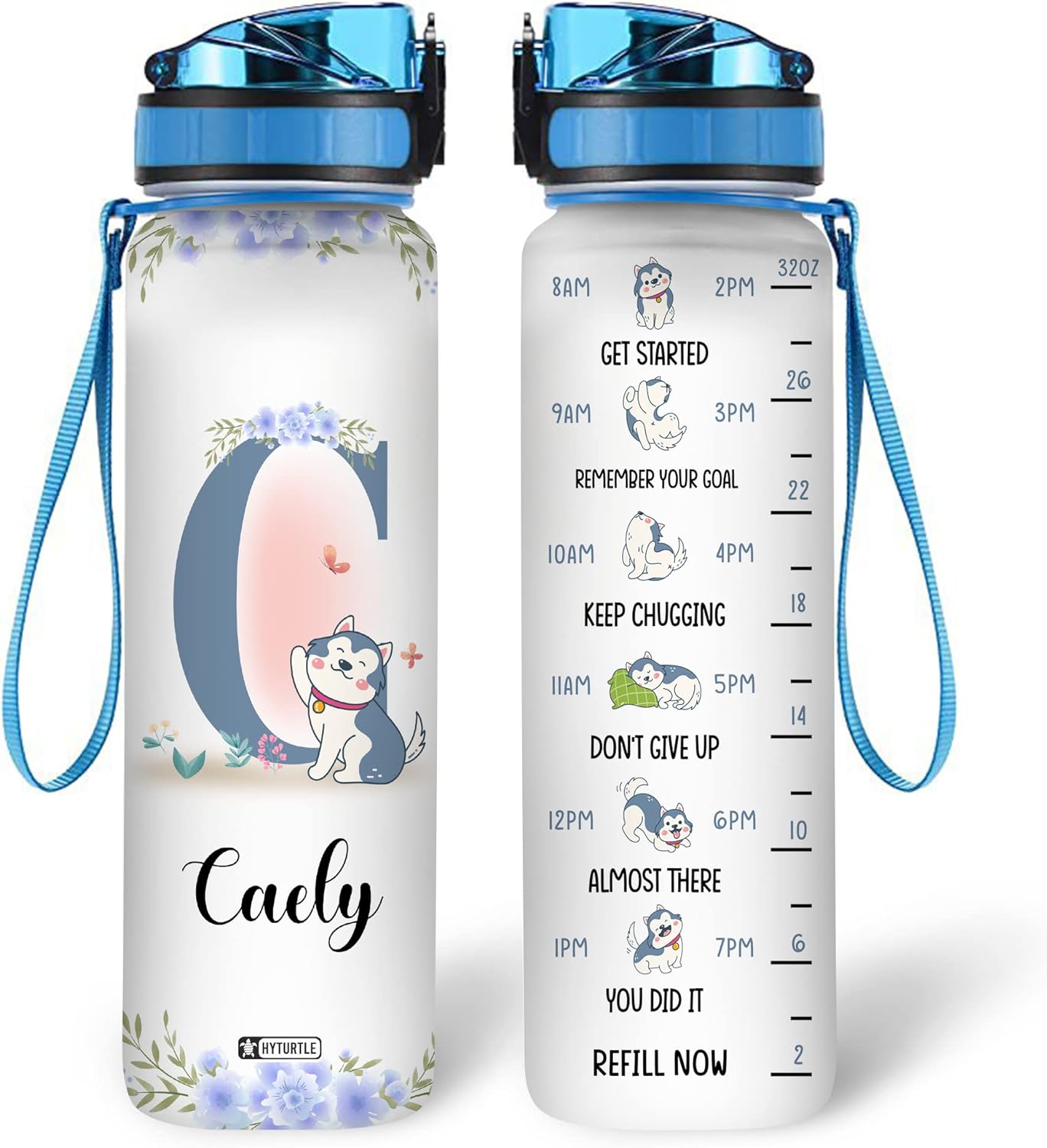 Husky Dog Theme Water Bottle Tracker 32oz – Personalized Motivational Bottle with Time Marker – Unique Gift for Dog Lovers