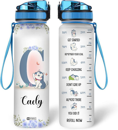 Husky Dog Theme Water Bottle Tracker 32oz – Personalized Motivational Bottle with Time Marker – Unique Gift for Dog Lovers