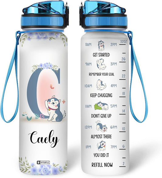 Husky Dog Theme Water Bottle Tracker 32oz – Personalized Motivational Bottle with Time Marker – Unique Gift for Dog Lovers