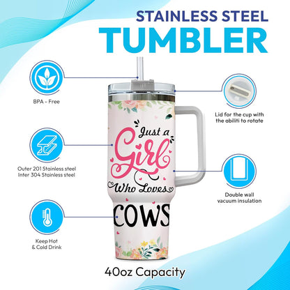 Cute Cow Tumbler 40oz – Personalized Stainless Steel Insulated Travel Cup with Handle & Straw, Leak-Proof Lid – Stylish Gift for Farm Animal Lovers