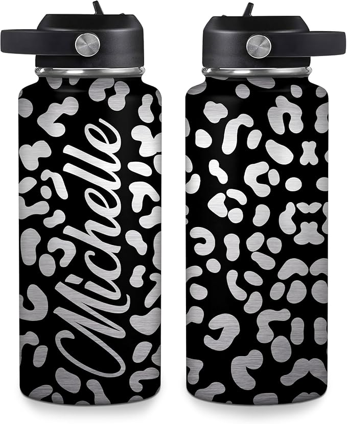 Silver Leopard Print Water Bottle 32oz – Personalized Stainless Steel Insulated Bottle with Leak-Proof Lid – Stylish Gift for Animal Print Lovers