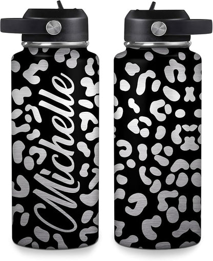Silver Leopard Print Water Bottle 32oz – Personalized Stainless Steel Insulated Bottle with Leak-Proof Lid – Stylish Gift for Animal Print Lovers