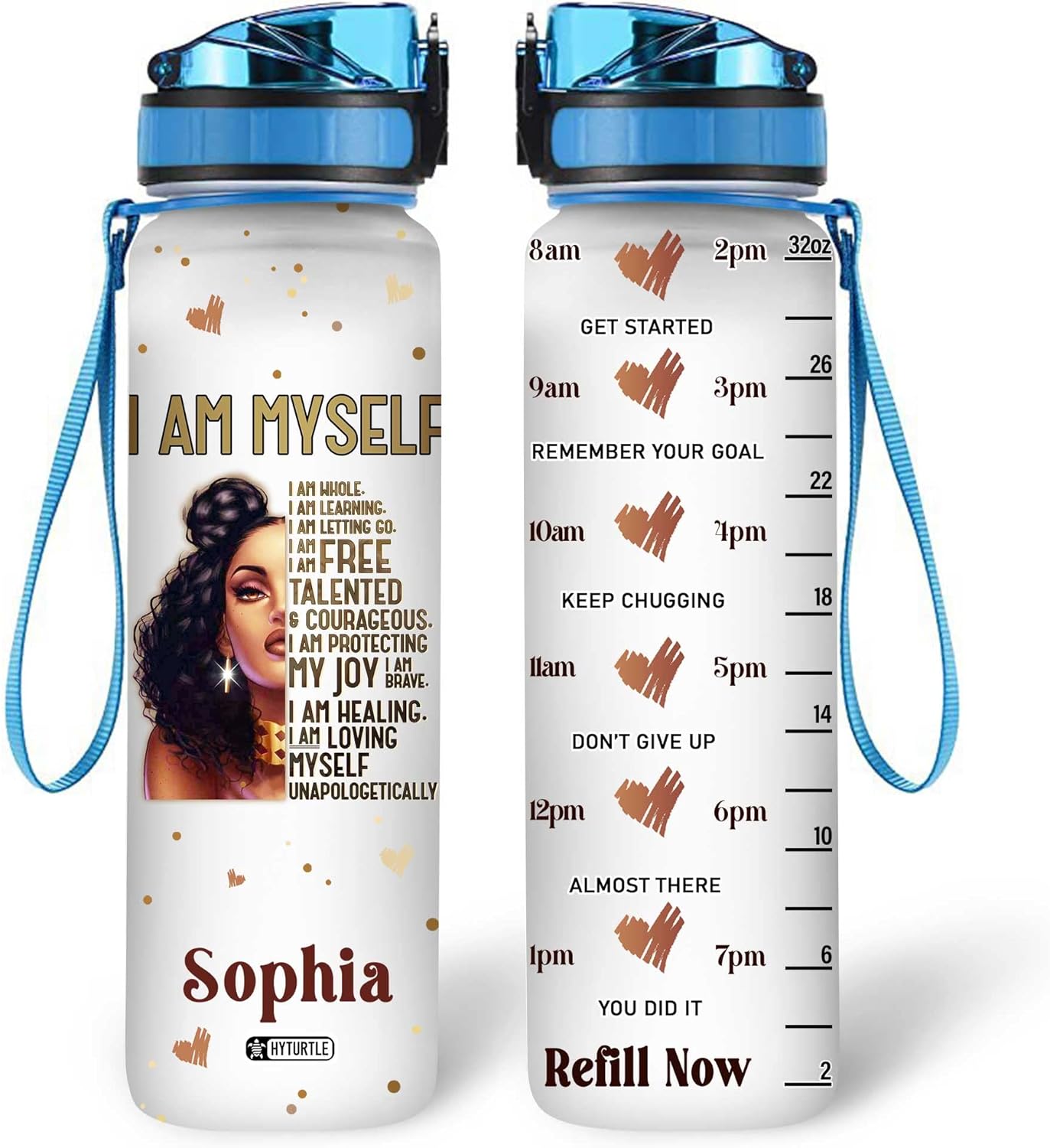 Empowering Black Women Water Bottle Tracker 32oz – Personalized Motivational Bottle with Time Marker – Stylish Gift of Self-Love