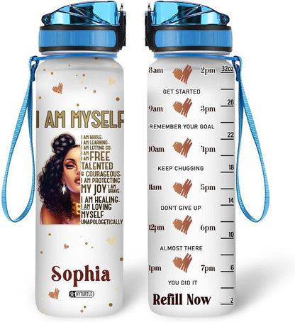 Empowering Black Women Water Bottle Tracker 32oz – Personalized Motivational Bottle with Time Marker – Stylish Gift of Self-Love