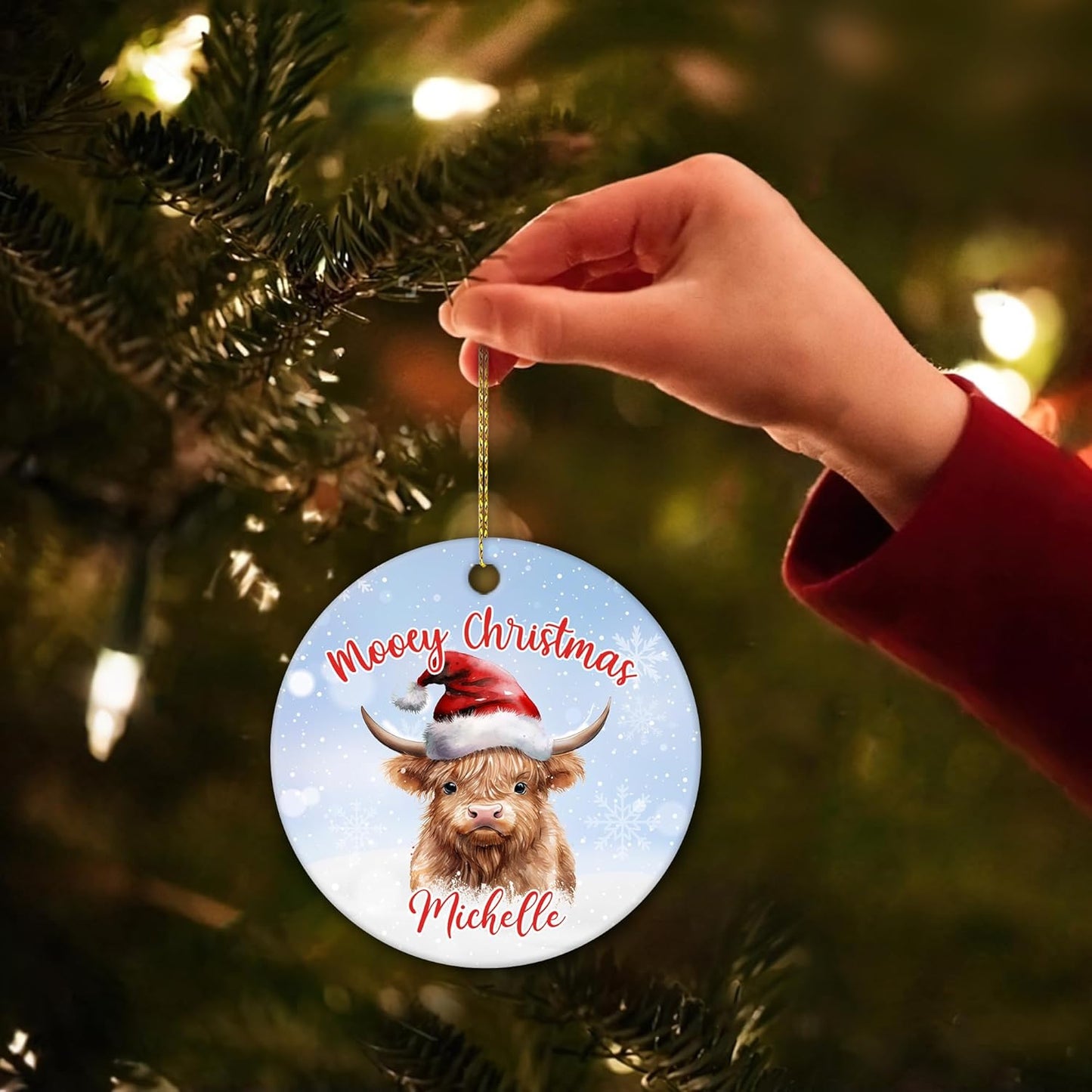 Highland Cow Santa Hat Ceramic Circle Ornament – Personalized Christmas Gift for Cow Lover, Farmhouse Tree Decor Keepsake for Her