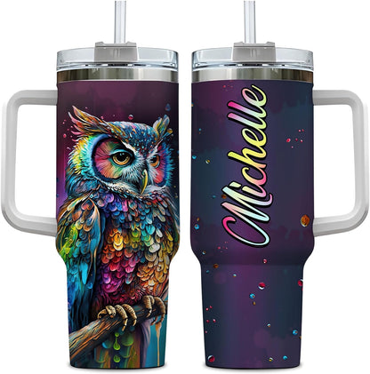 Colorful Owl Tumbler 40oz with Handle & Straw – Personalized Stainless Steel Insulated Travel Cup with Lid – Artistic Gift for Owl Lovers