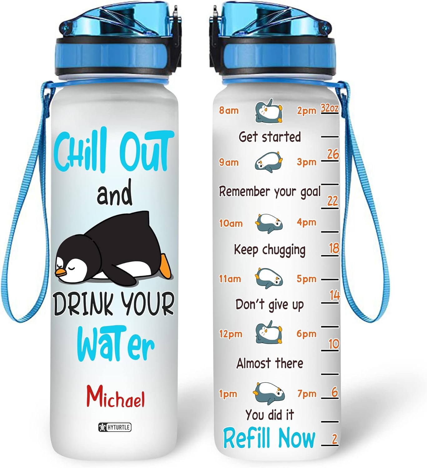 Chill Out Penguin Water Bottle Tracker 32oz – Personalized Funny Gift for Kids, Friends & Penguin Lovers