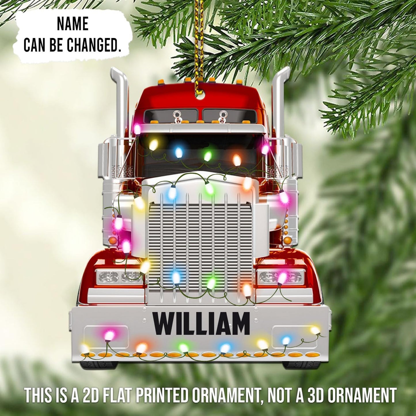 Red Christmas Truck Light Cut Acrylic Ornament – Personalized Trucker Tree Decoration Gift for Men, Husband, or Coworker