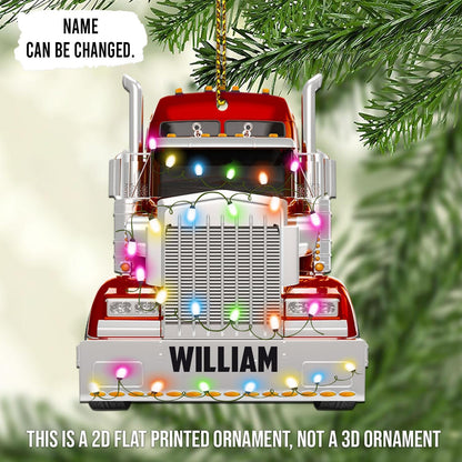 Red Christmas Truck Light Cut Acrylic Ornament – Personalized Trucker Tree Decoration Gift for Men, Husband, or Coworker