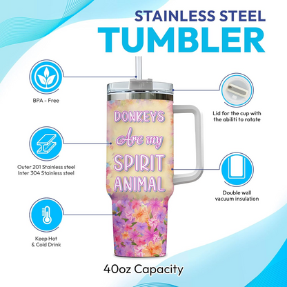 Donkey Tumbler 40oz with Handle & Straw – Personalized Stainless Steel Cup with Lid – Cute Farm Animal Gift for Women & Kids