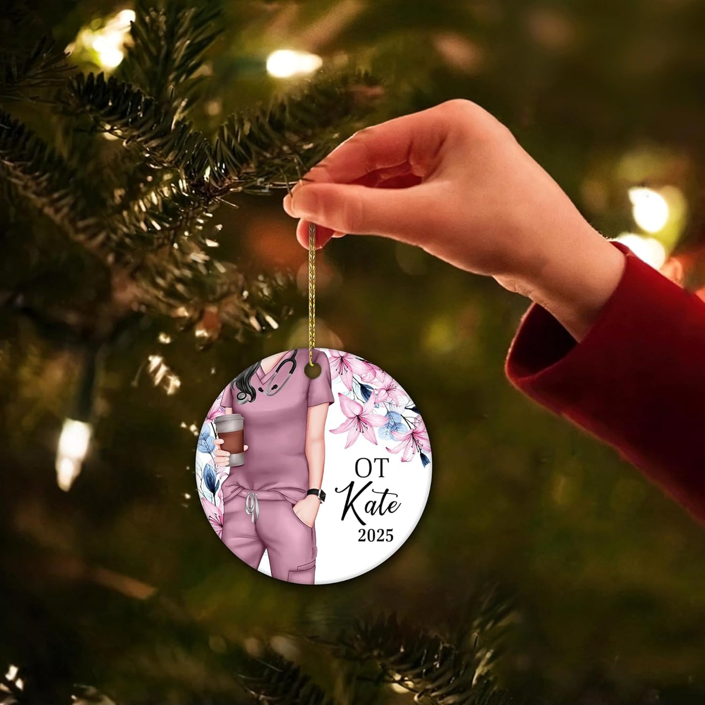Occupational Therapist Scrubs Floral Ceramic Circle Ornament – Personalized Christmas Gift for OT or OTA, Therapy Team Appreciation Keepsake