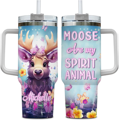Moose Tumbler 40oz with Handle & Straw – Personalized Stainless Steel Cup with Lid – Cute Woodland Animal Gift for Women & Girls