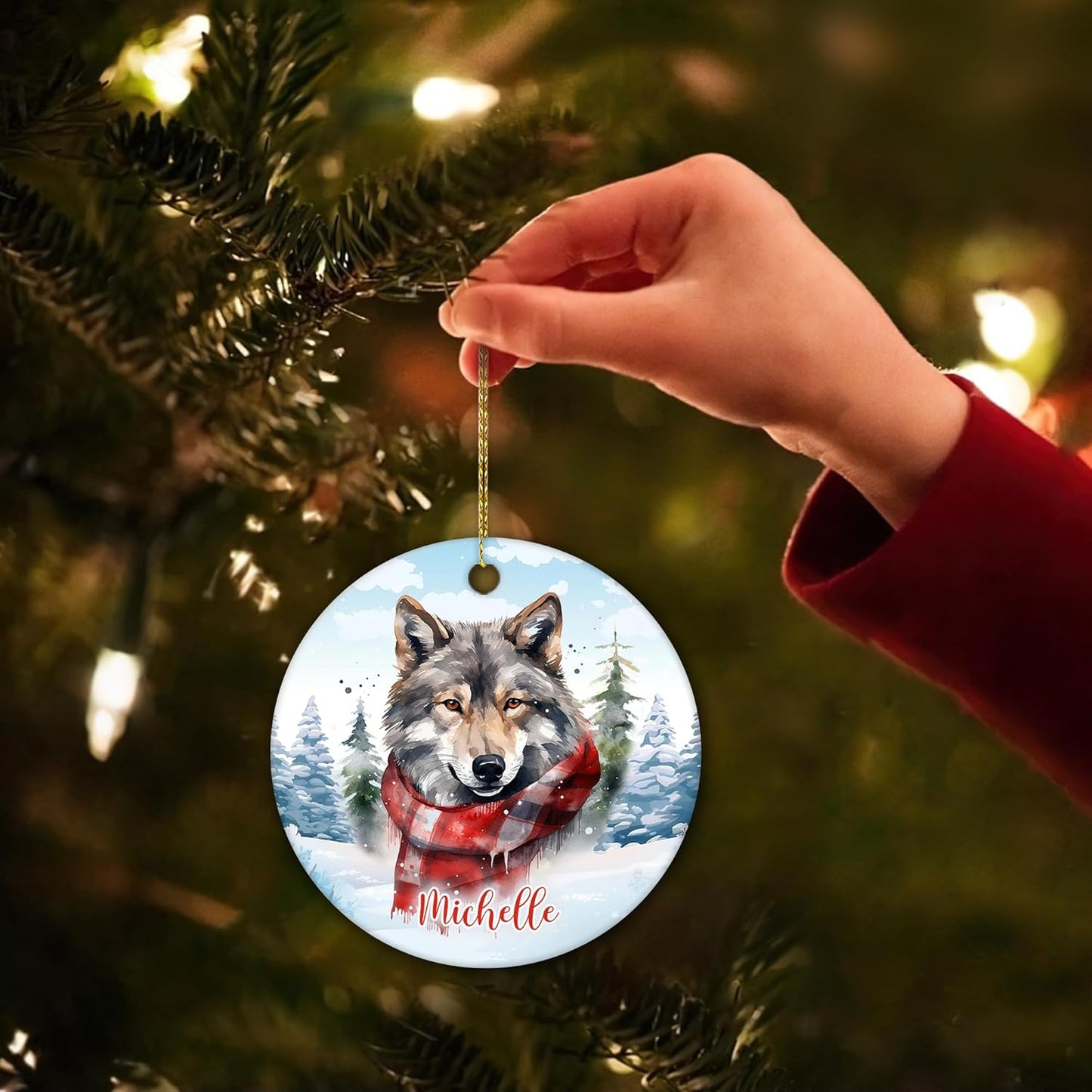 Winter Wolf Ceramic Ornament – Personalized Name, Custom Christmas or Birthday Gift for Wolf Lover, Nature Fan or Cabin Decor