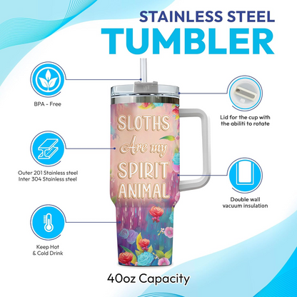 Sloth Lover Tumbler 40oz with Handle & Straw – Personalized Stainless Steel Insulated Cup with Lid – Cute Birthday Gift for Animal Lovers