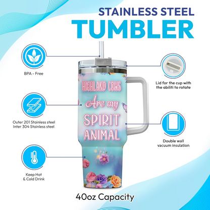 Highland Cow Lover Tumbler 40oz with Handle & Straw – Personalized Stainless Steel Insulated Cup with Lid – Cute Farm Animal Gift for Birthday or Christmas