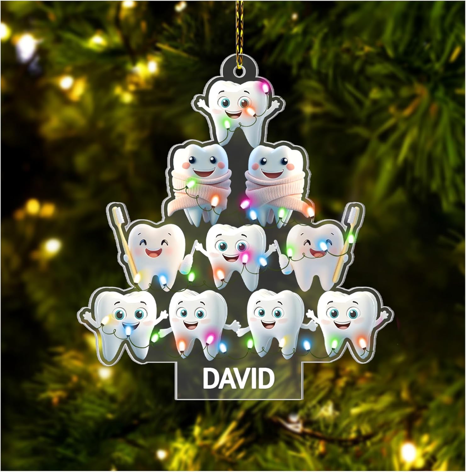 Smiling teeth Christmas tree cut acrylic ornament – personalized dental design, custom name holiday gift for dentist, hygienist, assistant or dental student