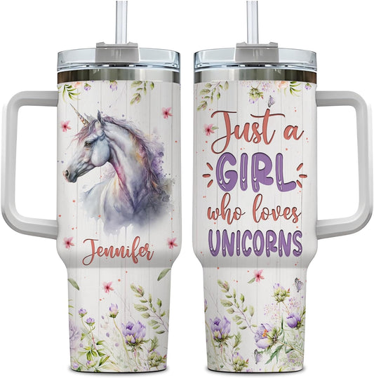 Magical Unicorn Tumbler 40oz with Handle & Straw – Personalized Stainless Steel Insulated Cup with Lid – Whimsical Gift for Fantasy Lovers