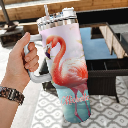 Flamingo Tumbler 40oz with Handle & Straw – Personalized Stainless Steel Insulated Cup with Lid – Stylish Gift for Bird Lovers