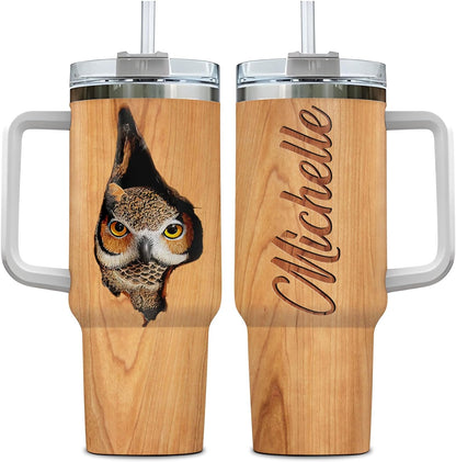 Rustic Wood Owl Tumbler 40oz with Handle & Straw – Personalized Stainless Steel Insulated Cup with Lid – Unique Gift for Owl Lovers