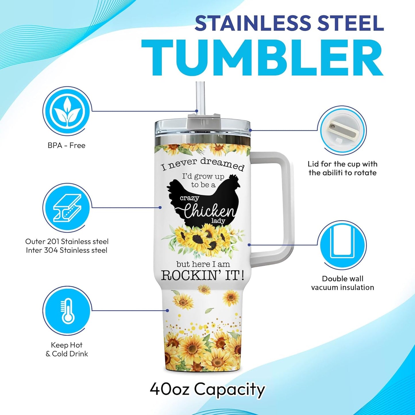 Sunflower Chicken Lady Tumbler 40oz with Handle & Straw – Personalized Stainless Steel Insulated Cup with Lid – Fun Gift for Farm Animal Lovers