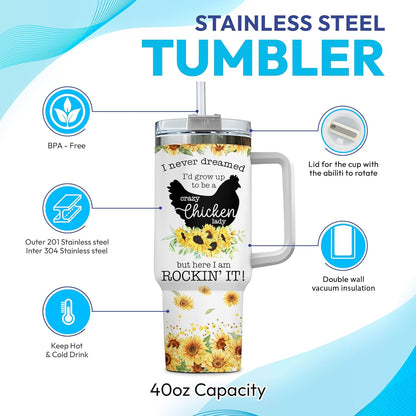 Sunflower Chicken Lady Tumbler 40oz with Handle & Straw – Personalized Stainless Steel Insulated Cup with Lid – Fun Gift for Farm Animal Lovers
