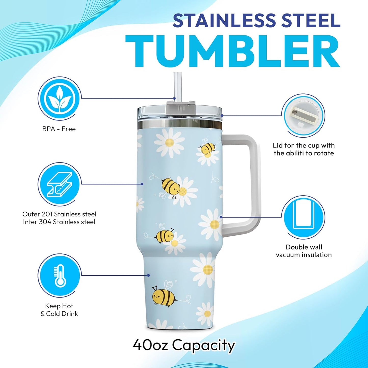 Bee & Daisy Tumbler 40oz with Handle & Straw – Personalized Stainless Steel Insulated Travel Cup with Lid – Cute Floral Gift for Nature Lovers