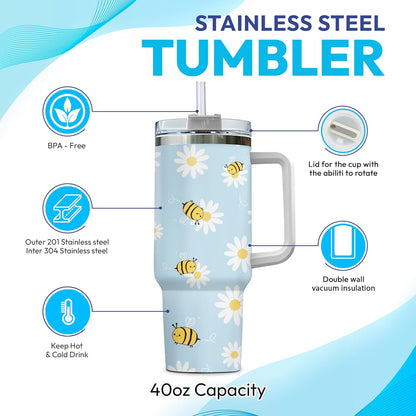 Bee & Daisy Tumbler 40oz with Handle & Straw – Personalized Stainless Steel Insulated Travel Cup with Lid – Cute Floral Gift for Nature Lovers