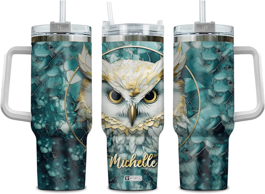 Golden Owl Marble Tumbler 40oz with Handle & Straw – Personalized Stainless Steel Travel Cup with Lid – Stylish Gift for Owl Lovers