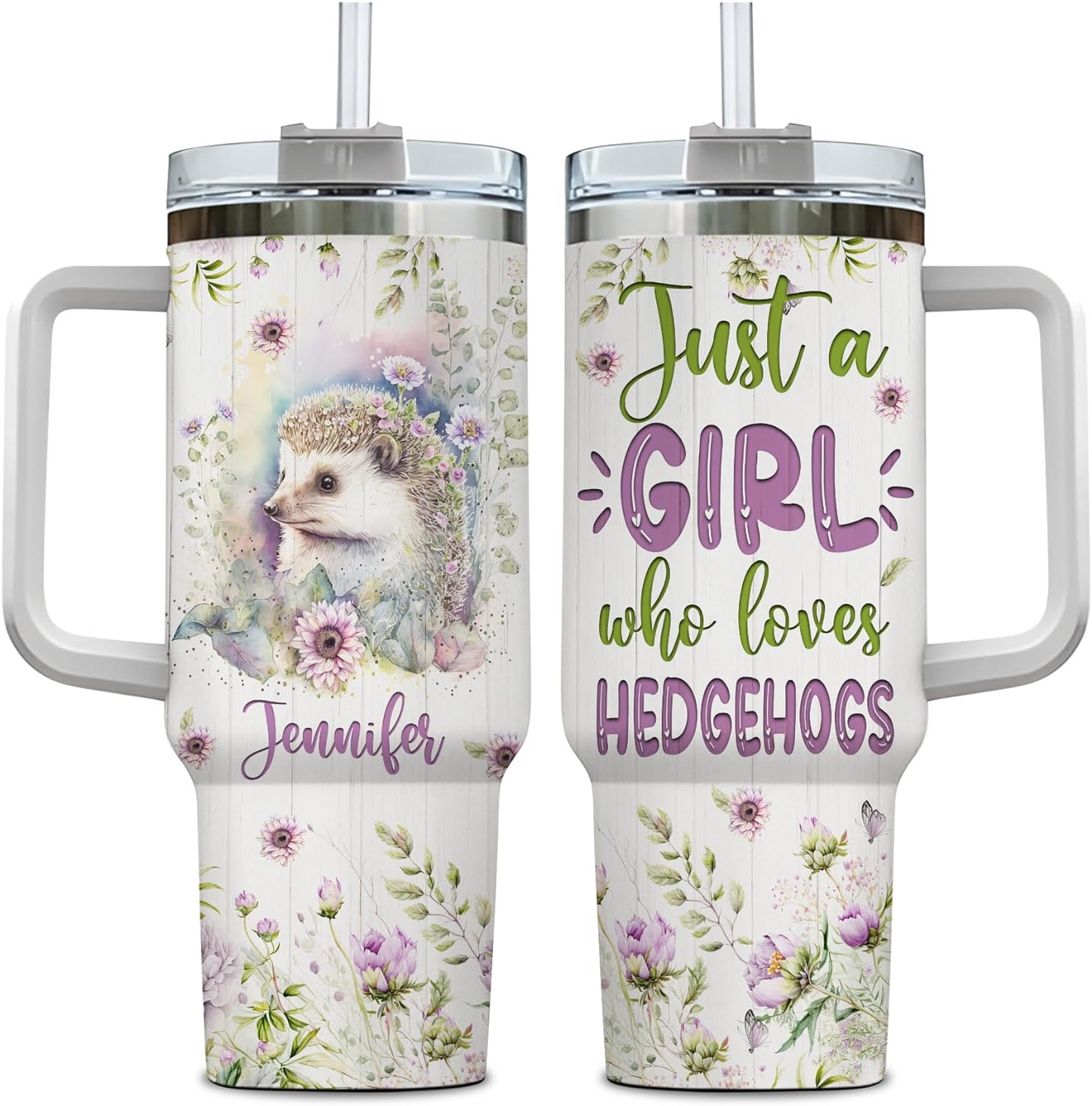 Hedgehog Floral 40oz Tumbler with Handle & Straw – Personalized Stainless Steel Insulated Travel Cup with Lid – Unique Gift for Animal Lovers