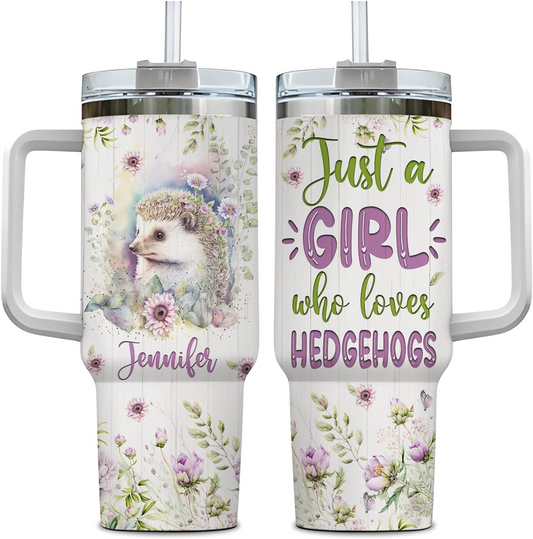 Hedgehog Floral 40oz Tumbler with Handle & Straw – Personalized Stainless Steel Insulated Travel Cup with Lid – Unique Gift for Animal Lovers