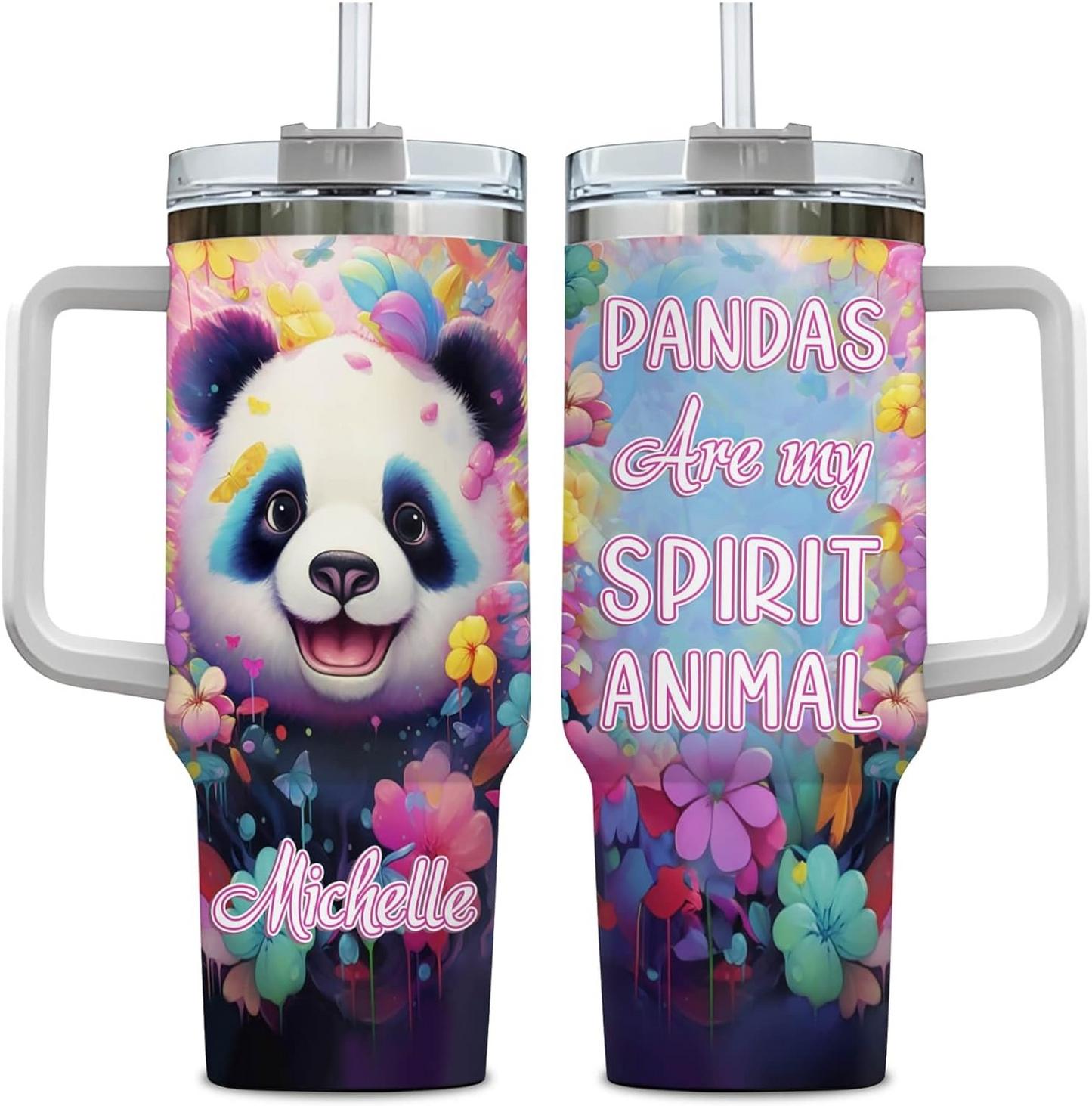 Panda Lover Tumbler 40oz with Handle & Straw – Personalized Stainless Steel Insulated Cup with Lid – Cute Birthday & Christmas Gift for Women & Girls