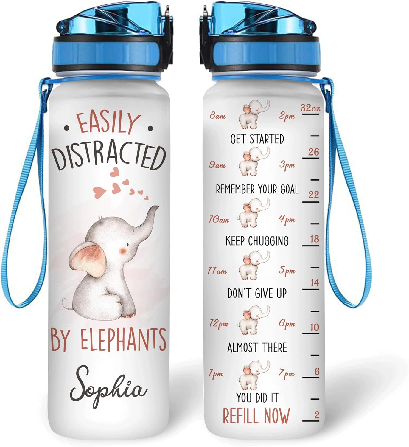 Elephant Mother’s Day Water Bottle Tracker 32oz – Personalized Cute Animal Hydration Bottle with Time Marker – Sentimental Gift for Mom
