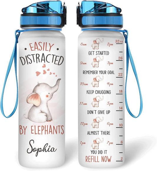Elephant Mother’s Day Water Bottle Tracker 32oz – Personalized Cute Animal Hydration Bottle with Time Marker – Sentimental Gift for Mom