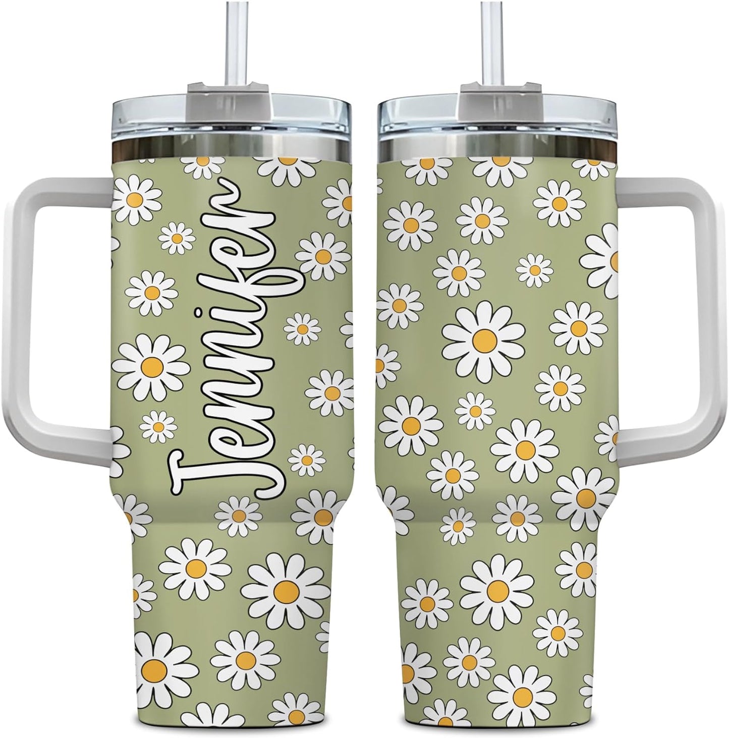 Daisy Flower Pattern Tumbler 40oz with Handle & Straw – Personalized Stainless Steel Insulated Cup with Lid – Stylish Gift for Floral Lovers