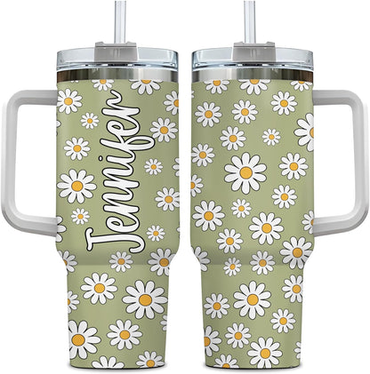 Daisy Flower Pattern Tumbler 40oz with Handle & Straw – Personalized Stainless Steel Insulated Cup with Lid – Stylish Gift for Floral Lovers