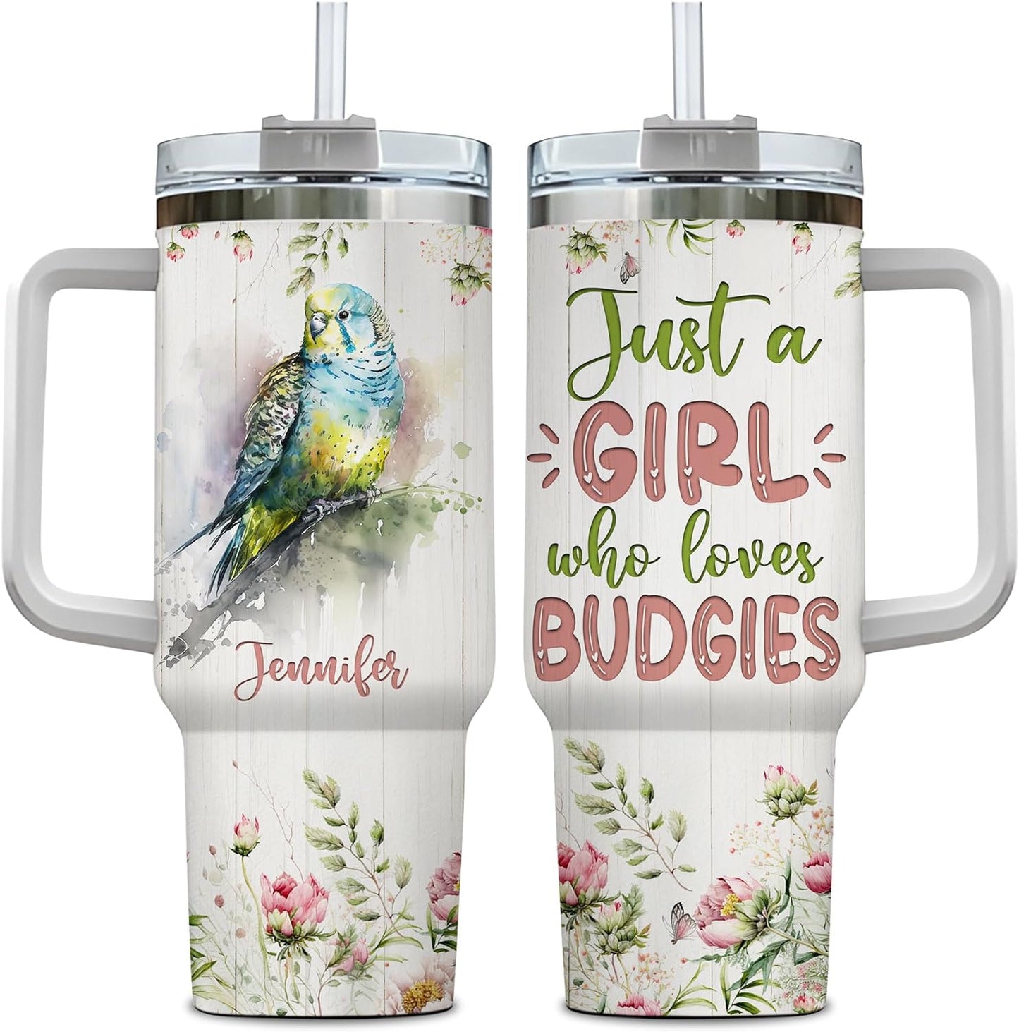 Budgie Tumbler 40oz – Personalized Stainless Steel Insulated Cup with Handle & Straw – Cute Parakeet Travel Mug Gift for Bird Lovers