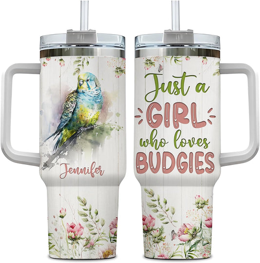 Budgie Tumbler 40oz – Personalized Stainless Steel Insulated Cup with Handle & Straw – Cute Parakeet Travel Mug Gift for Bird Lovers