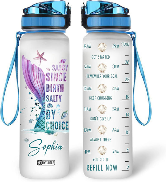 Mermaid Theme Water Bottle Tracker 32oz – Personalized Motivational Hydration Bottle with Time Marker – Stylish Gift for Mermaid Lovers