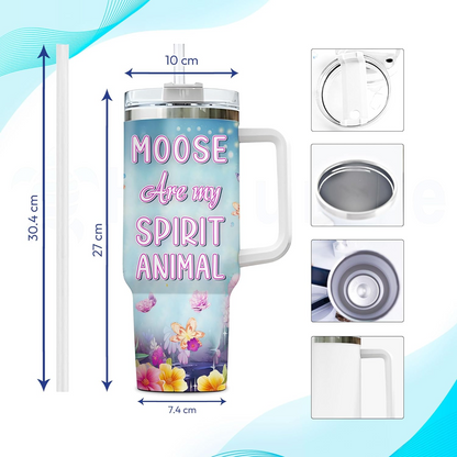 Moose Tumbler 40oz with Handle & Straw – Personalized Stainless Steel Cup with Lid – Cute Woodland Animal Gift for Women & Girls