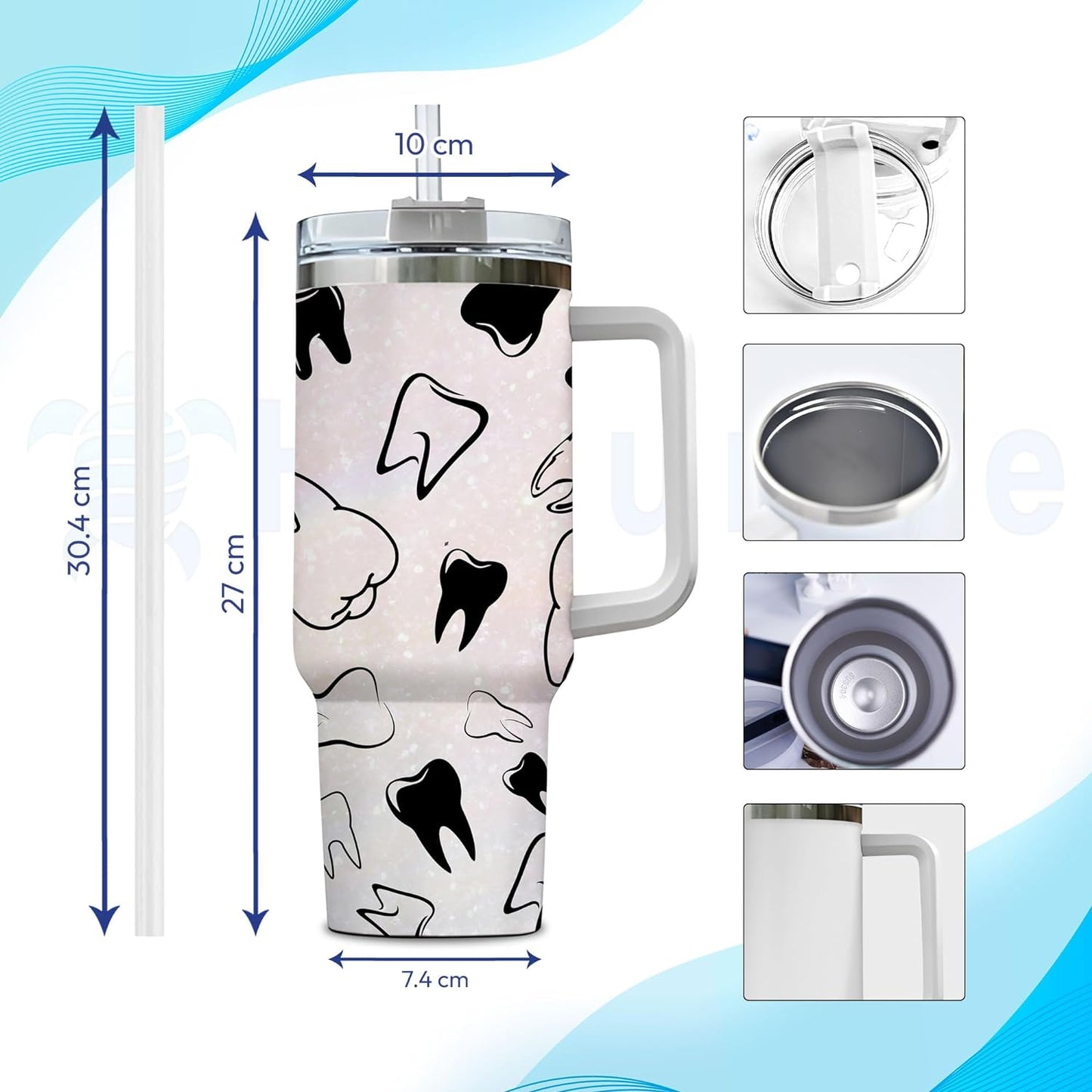 Dentist Themed Tumbler 40oz with Handle & Straw – Personalized Stainless Steel Travel Cup with Lid – Fun Gift for Dental Professionals