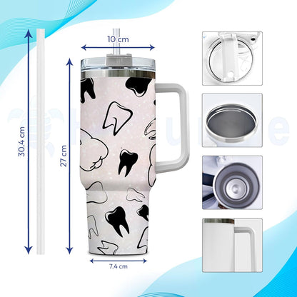 Dentist Themed Tumbler 40oz with Handle & Straw – Personalized Stainless Steel Travel Cup with Lid – Fun Gift for Dental Professionals