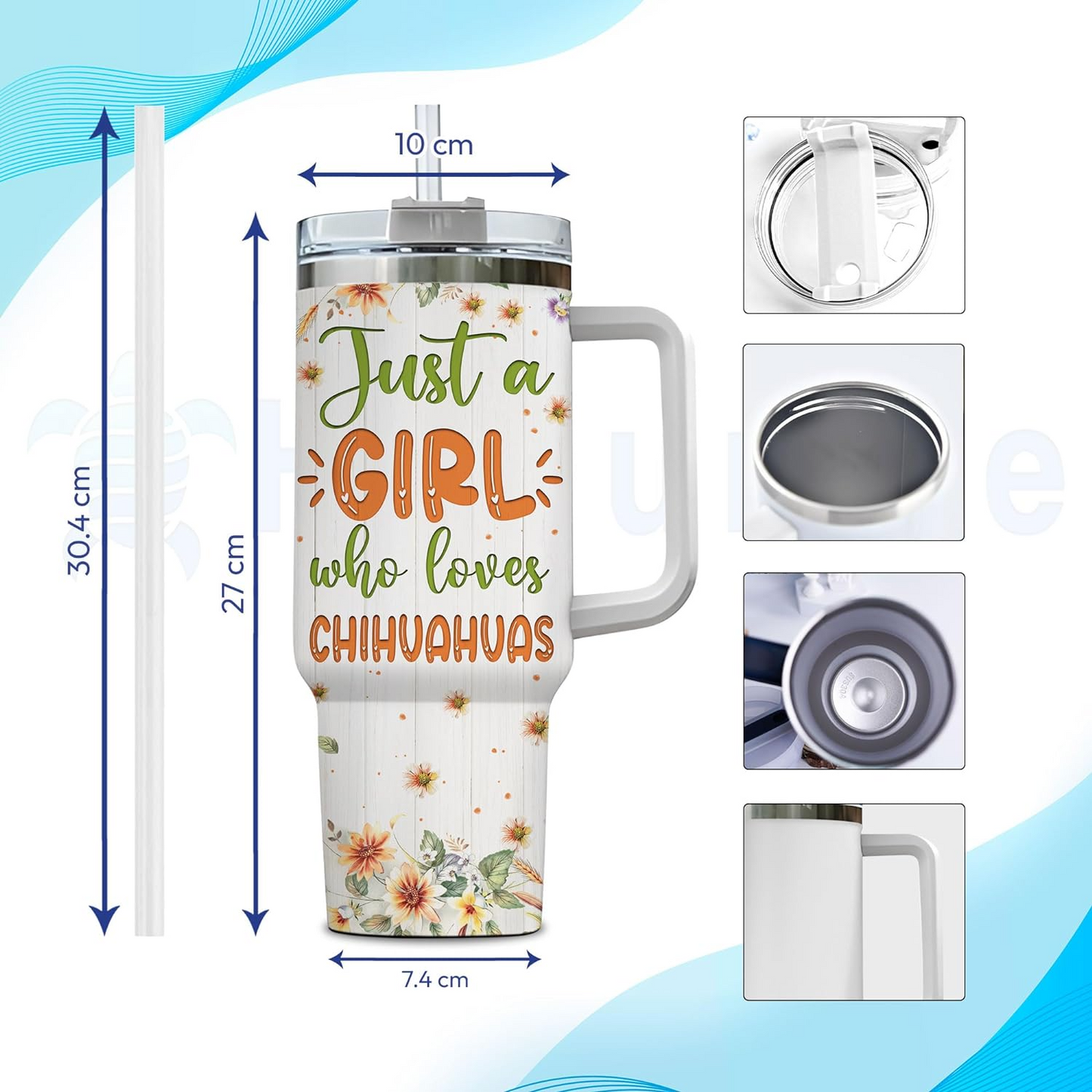 Chihuahua Lover Tumbler 40oz with Handle & Straw – Personalized Stainless Steel Insulated Mug with Lid – Cute Gift for Dog Moms