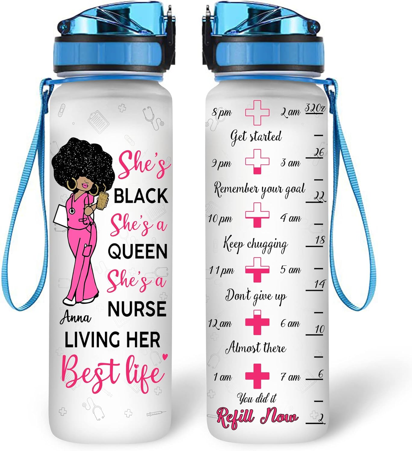 She's a Black Queen and Nurse - Personalized Water Tracker Bottle 32oz