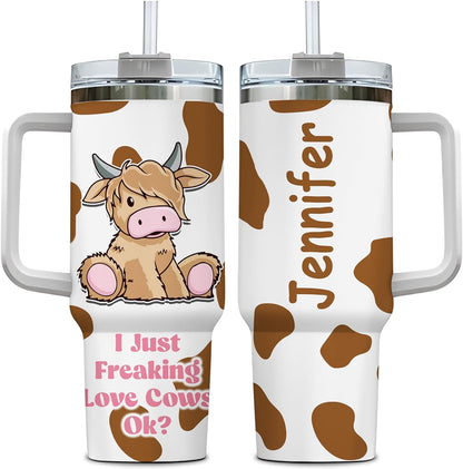 Cute Highland Cow Cartoon Tumbler 40oz with Handle & Straw – Personalized Stainless Steel Travel Cup with Lid – Unique Gift for Cow Lovers