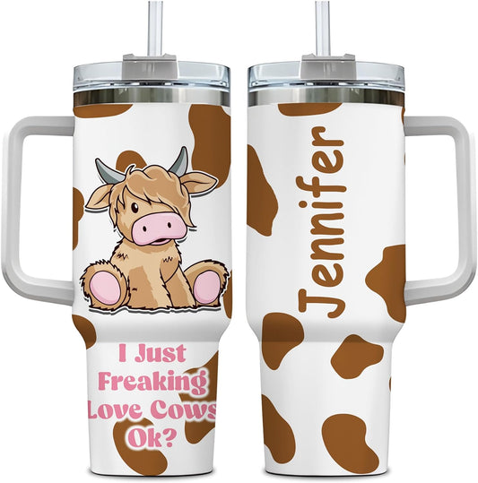Cute Highland Cow Cartoon Tumbler 40oz with Handle & Straw – Personalized Stainless Steel Travel Cup with Lid – Unique Gift for Cow Lovers